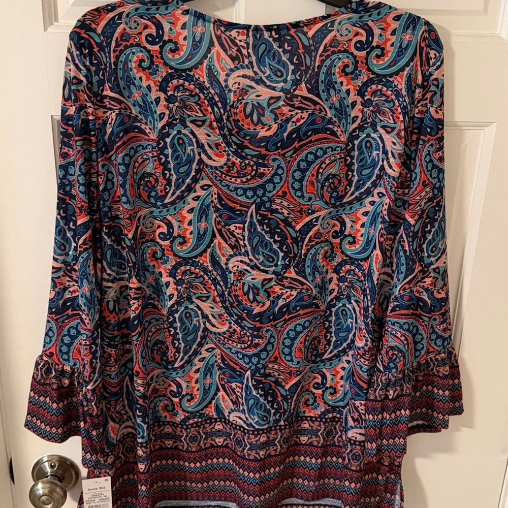 Ruby Rd. Blue Multi Paisley V-Neck Peasant Blouse - Picture 8 of 8